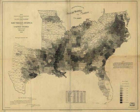 نسبة العبيد من السكان في كل مقاطعة من الولايات التي تمارس العبيد عام 1860.