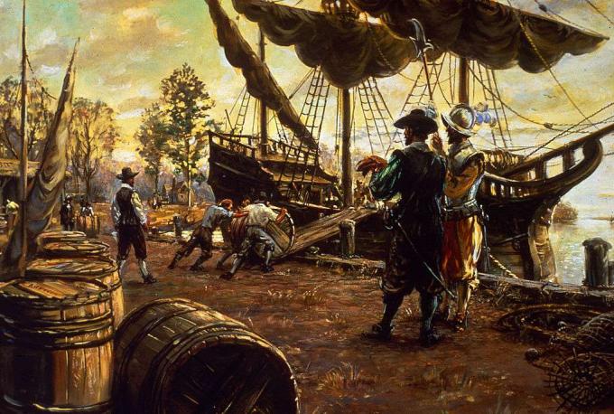 مستوطنون يلفون براميل التبغ على منحدر وعلى متن سفينة استعدادًا للتصدير ، جيمستاون ، فيرجينيا ، 1615.