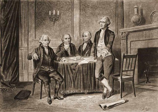 رسم توضيحي لأربعة من الآباء المؤسسين للولايات المتحدة ، من اليسار ، جون آدامز وروبرت موريس وألكسندر هاميلتون وتوماس جيفرسون ، 1774.