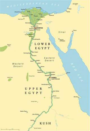 خريطة تاريخية لمصر القديمة مع أهم المعالم السياحية مع الأنهار والبحيرات. رسم توضيحي بتوسيم اللغة الإنجليزية والتحجيم.