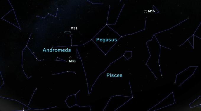 كوكبة بيغاسوس مع جيرانها وبعض أجسام السماء العميقة.