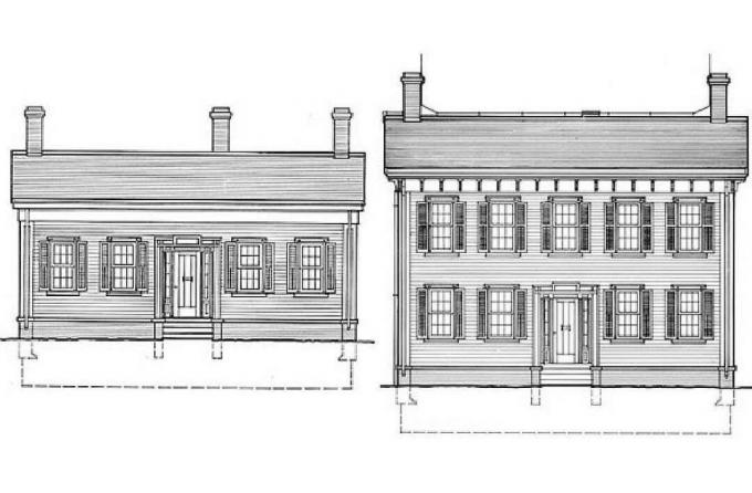 رسومات الارتفاع ، منزل لينكولن من قصة ونصف إلى قصتين