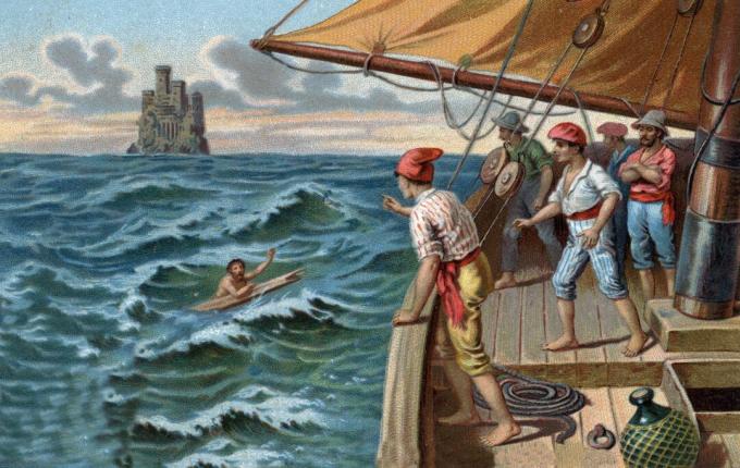 رسم توضيحي لإدموند دانتس في البحر بواسطة طاقم السفينة