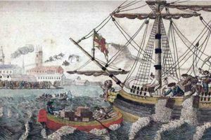 رسم لحزب شاي بوسطن يُظهر أشخاصًا يلقون الشاي في ميناء بوسطن.
