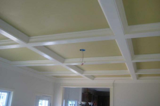 السقف ذو التجاويف ، والفتحات المربعة المصنوعة من نتوءات خشبية بيضاء اللون ، والسقف جاهز للتثبيت الضوئي