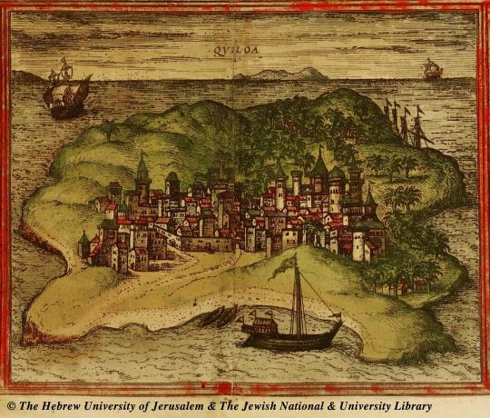 كيلوا كيسيواني (كويلوا) - خريطة برتغالية غير مؤرخة ، نشرت في Civitates Orbis Terrarum في عام 1572