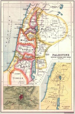 خريطة فلسطين ، تُظهر أراضي القبائل الإثني عشر لإسرائيل مع إدخالات القدس والقدس 