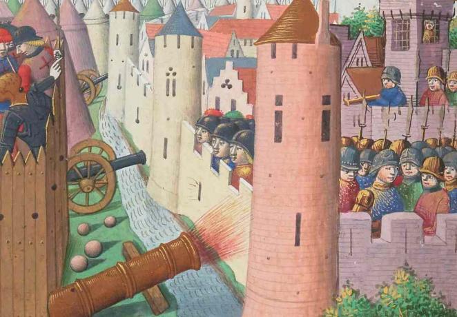 رسم من القرون الوسطى من حصن خشبي عبر أسوار المدينة مع إصابة إيرل ساليسبري.