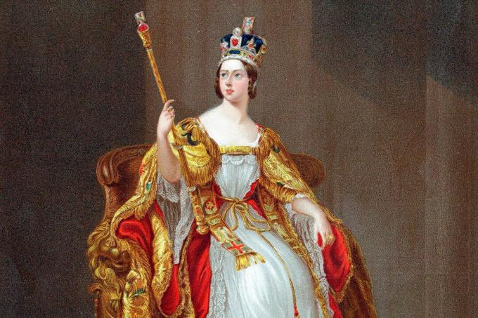 تصوير الملكة فيكتوريا على العرش في ثياب التتويج
