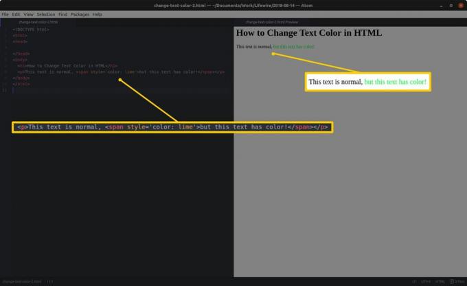 محرر الكود مع HTML والأقسام المميزة على اليسار ومعاينة HTML والنتائج المميزة على اليمين