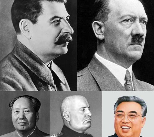 مجموعة من القادة الاستبداديين (كل صف - من اليسار إلى اليمين) جوزيف ستالين ، وأدولف هتلر ، وماو تسي تونغ ، وبينيتو موسوليني ، وكيم إيل سونغ.