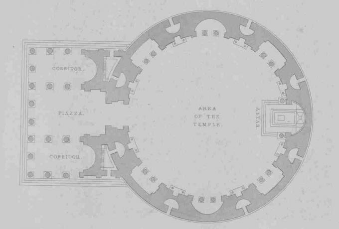 مخطط الأرضية مع مساحة دائرية للمعبد مع ممرات وساحة إلى اليسار