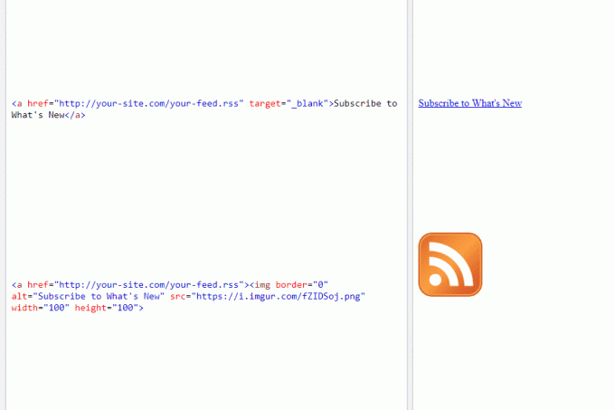 لقطة شاشة تعرض طريقتين للارتباط بخلاصة RSS باستخدام HTML