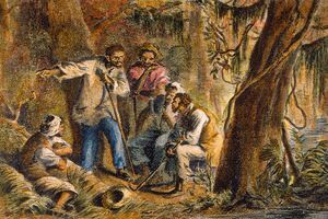 رسم بالألوان الكاملة لـ Nat Turner وعبيد آخرين في منطقة غابات.