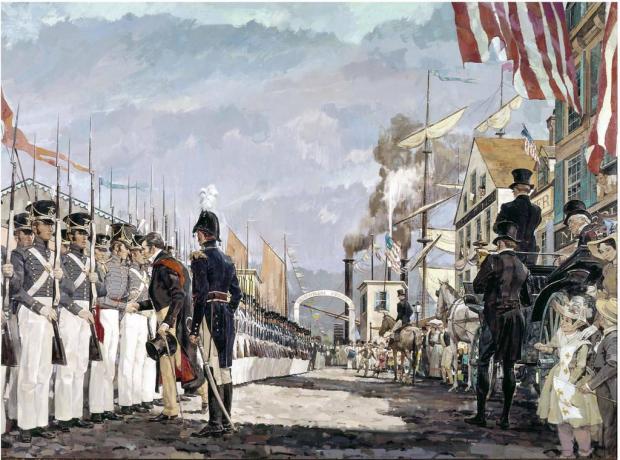 لوحة ملونة لماركيز دي لافاييت تلتقي بالحرس الوطني في نيويورك عام 1825.