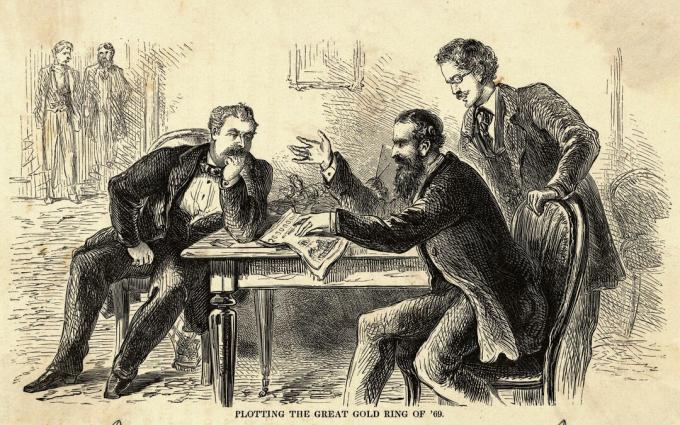 جيمس فيسك (يسار) وجاي جولد (جالس يمينًا) يخططان للحلقة الذهبية الكبرى لعام 1869. نقش.