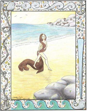 امرأة سيلكي تخرج من البحر وتزيل جلد الفقمة.